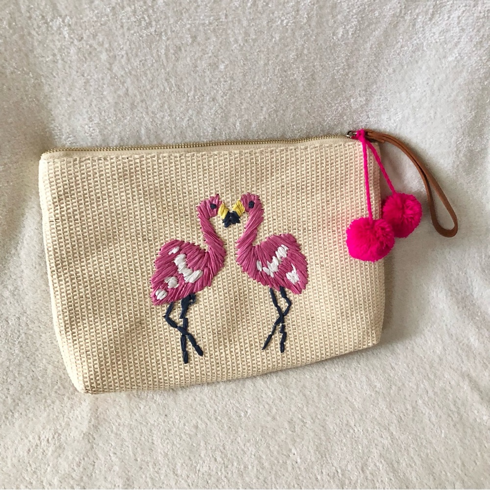 flamingo wicker woven straw flat clutch bag